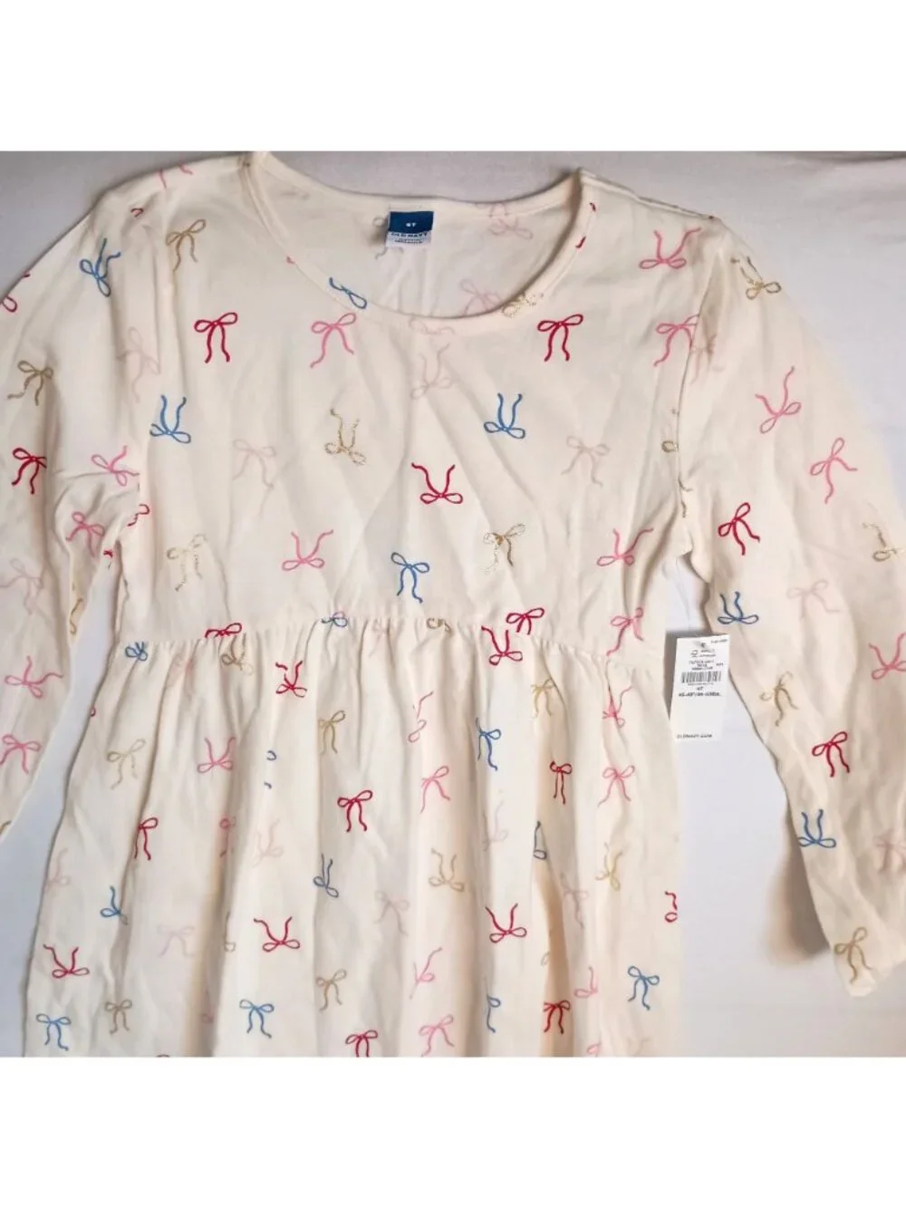 Old Navy Bow Print Long Sleeve Dress Toddler Girls 6T NWT Cotton Blend